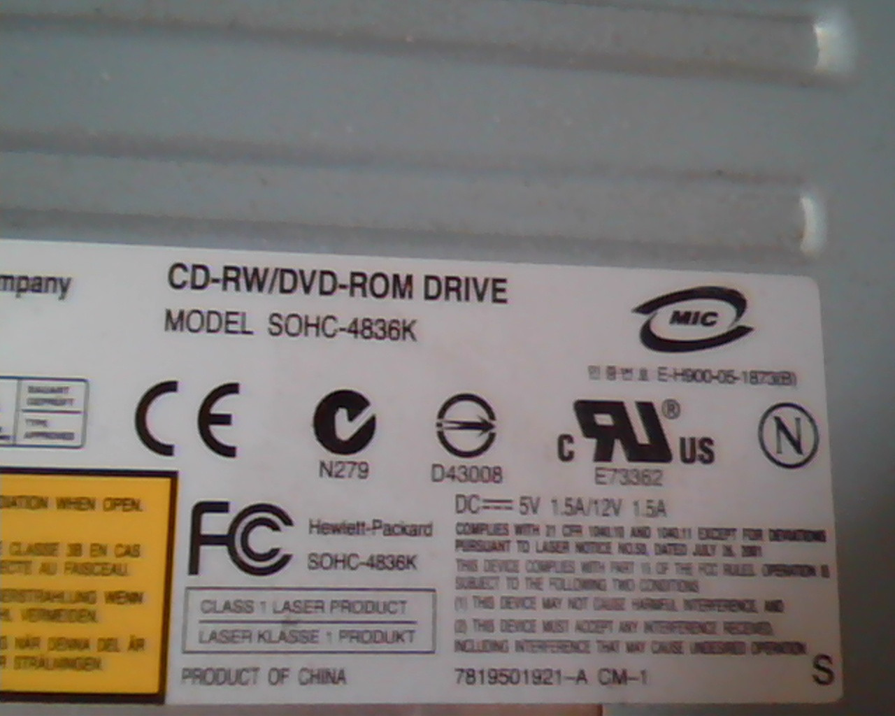 HP CD-RW DVD-ROM Drive SOHC-4836K E73362 SQK5 390851-001 Sept2005 - image 2