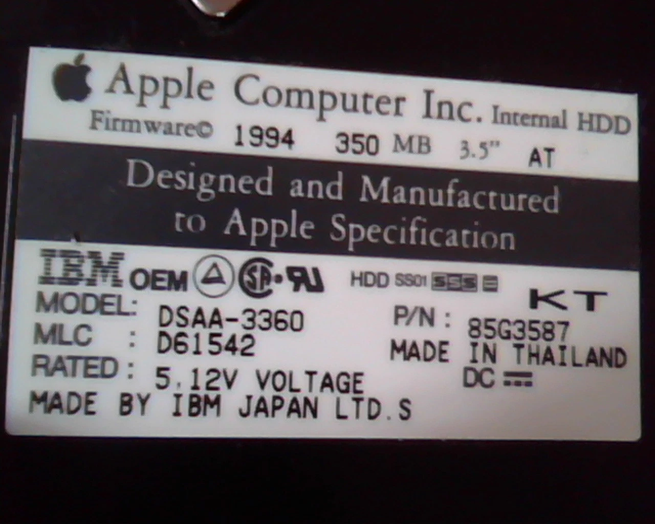 Hard Drive Disk IDE AT Apple IBM DSAA-3360 D61542 85G3587 3.5 PA9