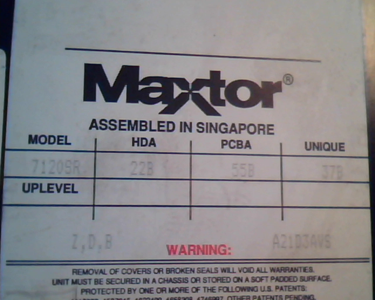 Hard Drive Disk SCSI Maxtor 7120SR 22B 55B A21D3AVS 37B HDD