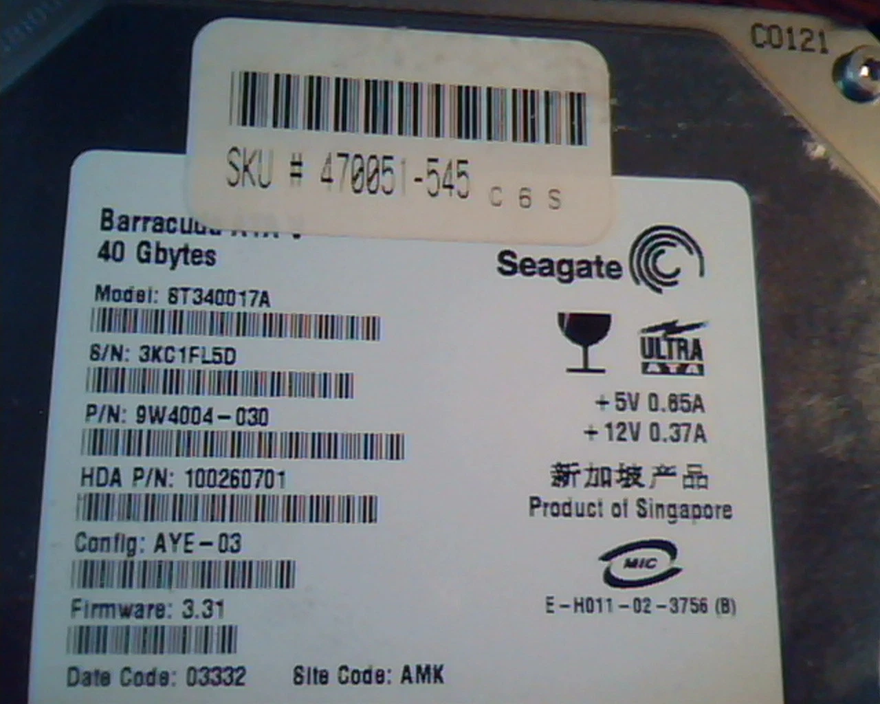 Hard Disk Drive IDE Seagate Barracuda ATA V ST340017A 9W4004-030 100260701 40GB