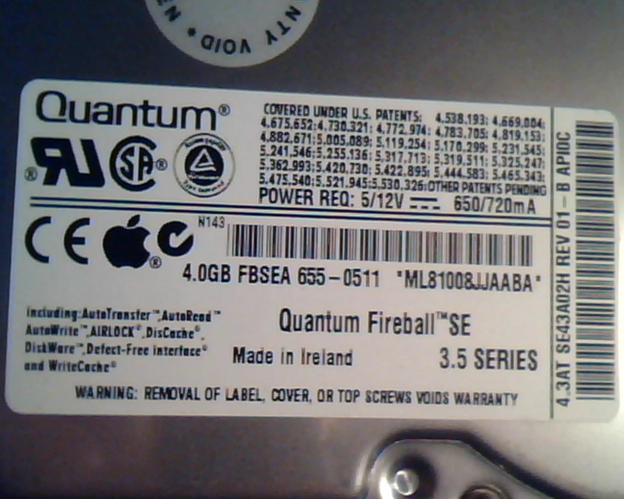 Hard Disk Drive IDE Quantum Fireball SE SE43A012 01-B SE43A02H 4.3AT API0C