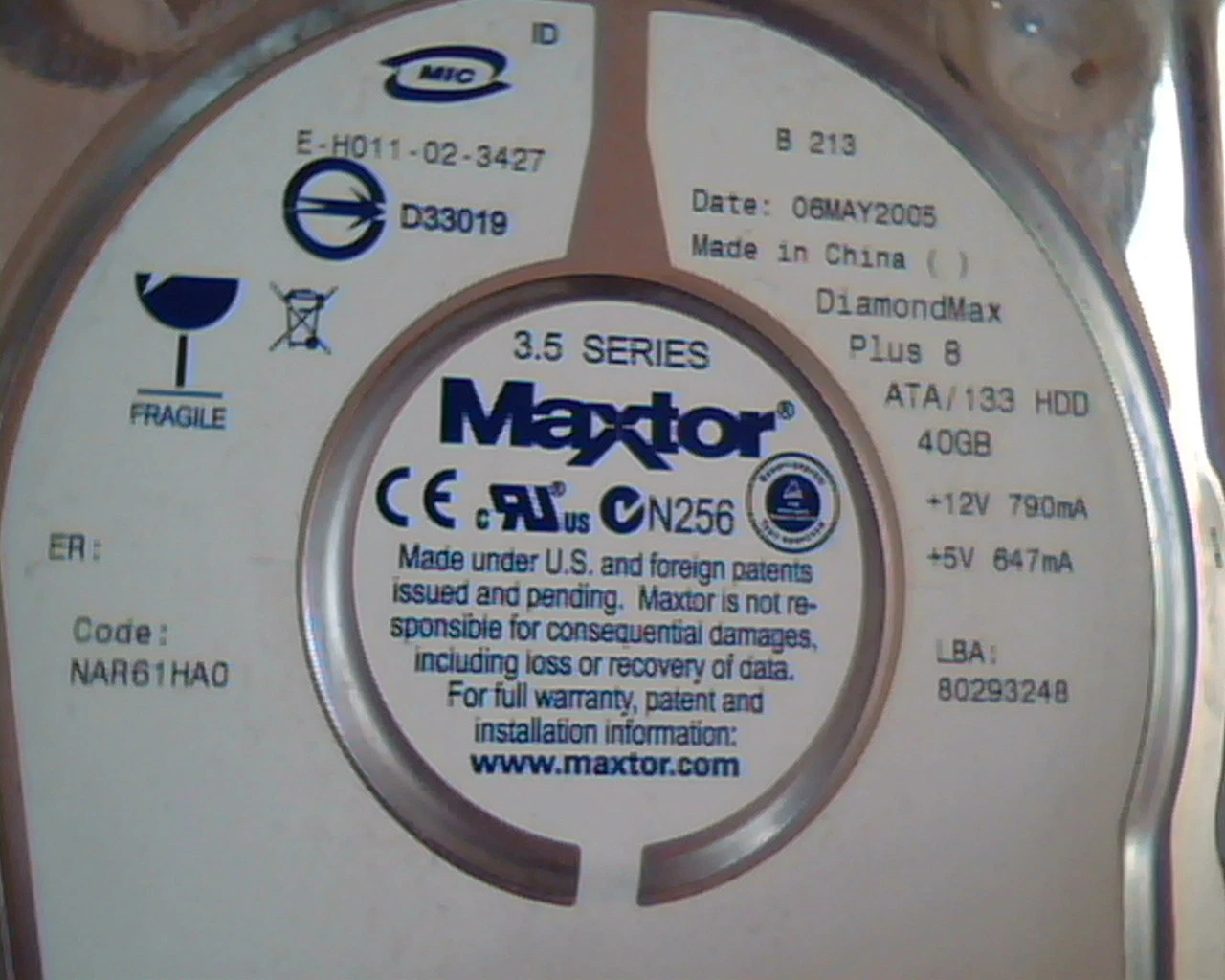 Hard Disk Drive IDE Maxtor E-H011-02-3427 DiamondMax Plus 8 40GB 6E040L0711214