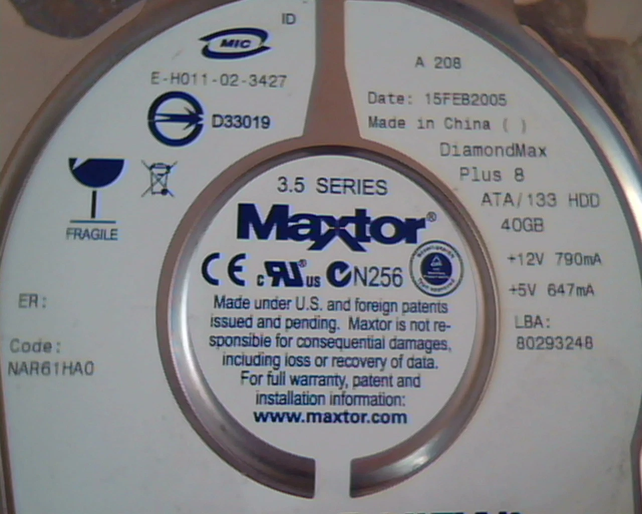 Hard Disk Drive IDE Maxtor QuickView DiamondMax 40 E-H011-02-3427 6E040L07112P3