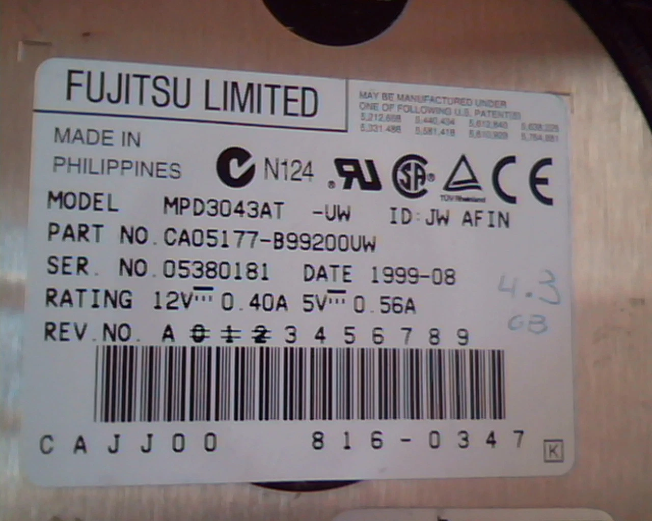 Hard Disk Drive IDE Fujitsu Limited MPD3043AT CA05177-B99200VW 816-0347