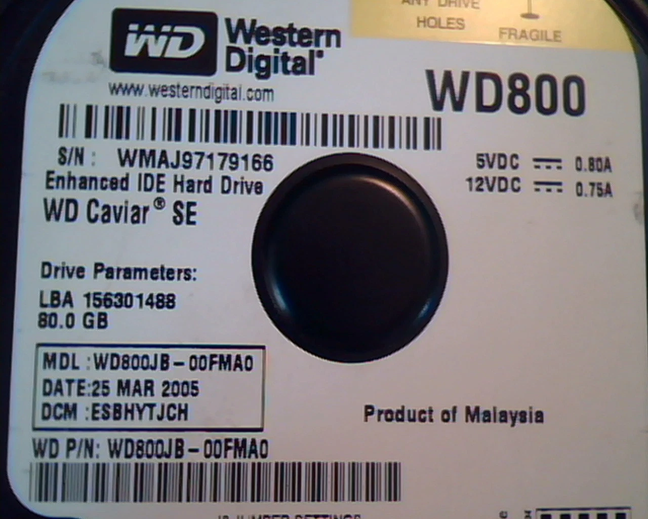 Hard Disk Drive IDE Western Digital WD800JB-00FMA0 WD800 156301488 80GB
