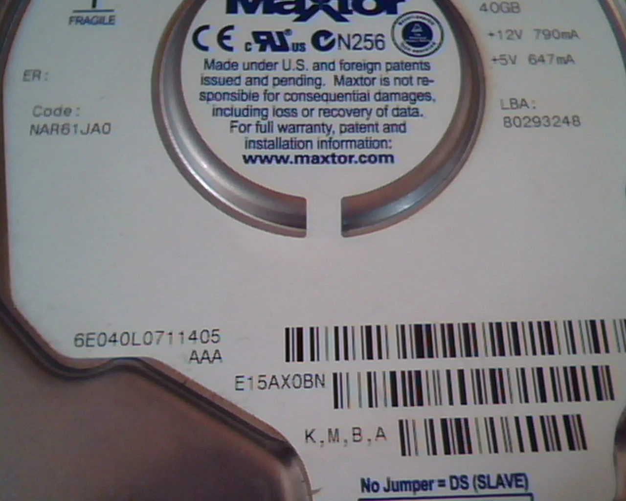 Hard Disk Drive IDE Maxtor NAR61JAO DiamondMax Plus 8 80293248 6E040L0711405 AAA - image 2