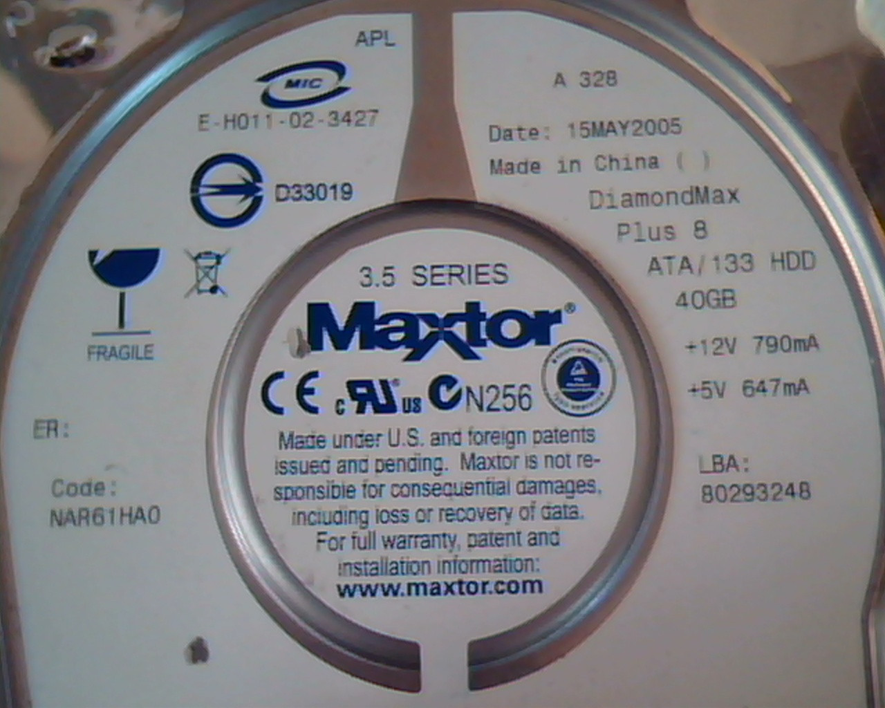 Hard Disk Drive IDE Maxtor DiamondMax Plus 8 NAR61HA0 80293248 6E040L0711214 ABA