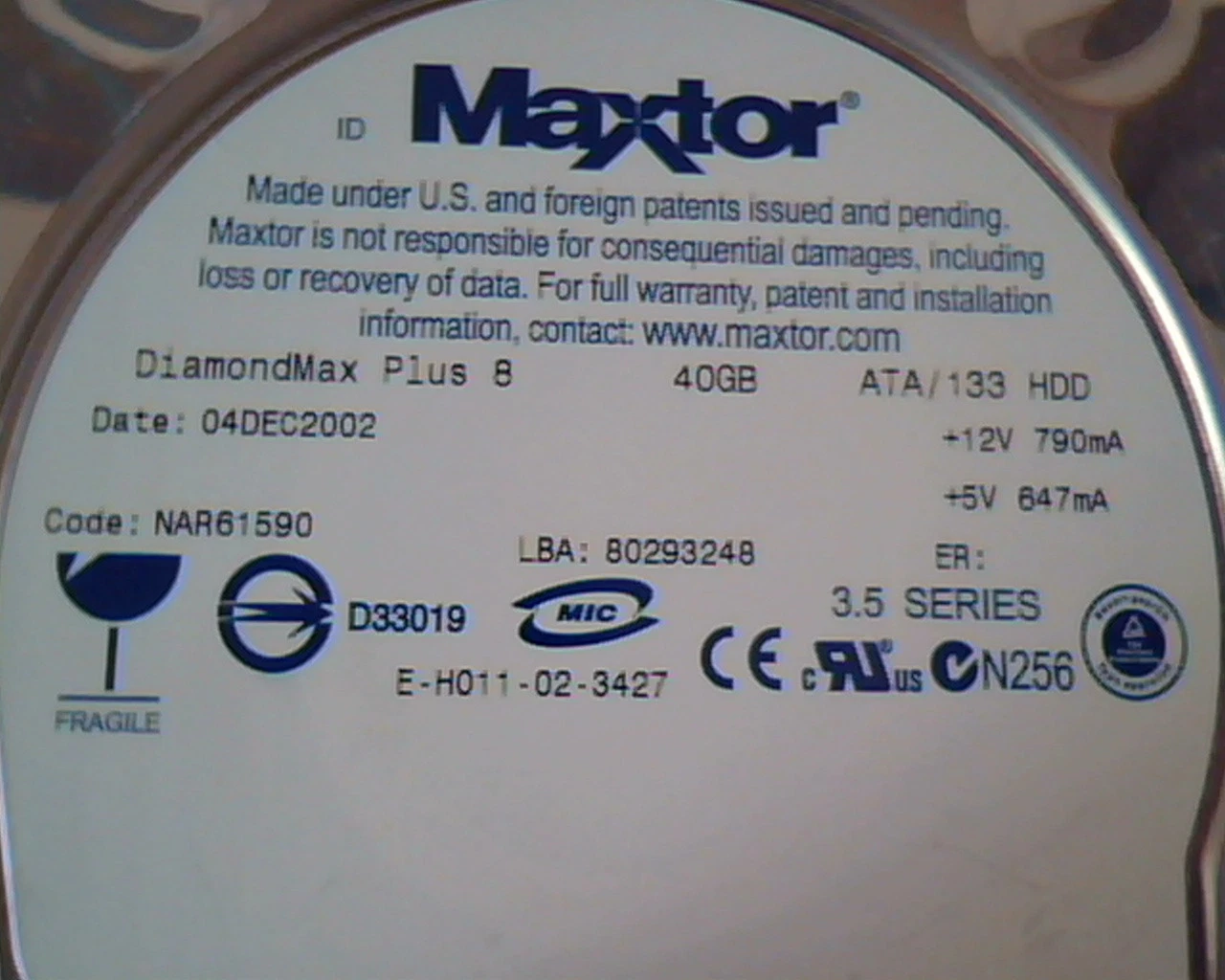 Hard Disk Drive IDE Maxtor DiamondMax Plus 8 NAR61590 80293248 K,M,B,A 40GB