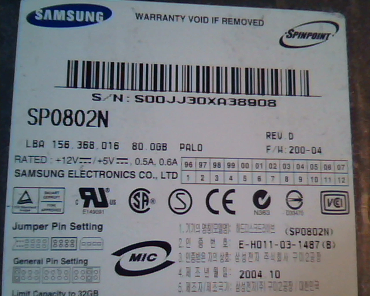 Hard Disk Drive IDE Samsung SP0802N Spinpoint D 200-04 E-H011-03-1487