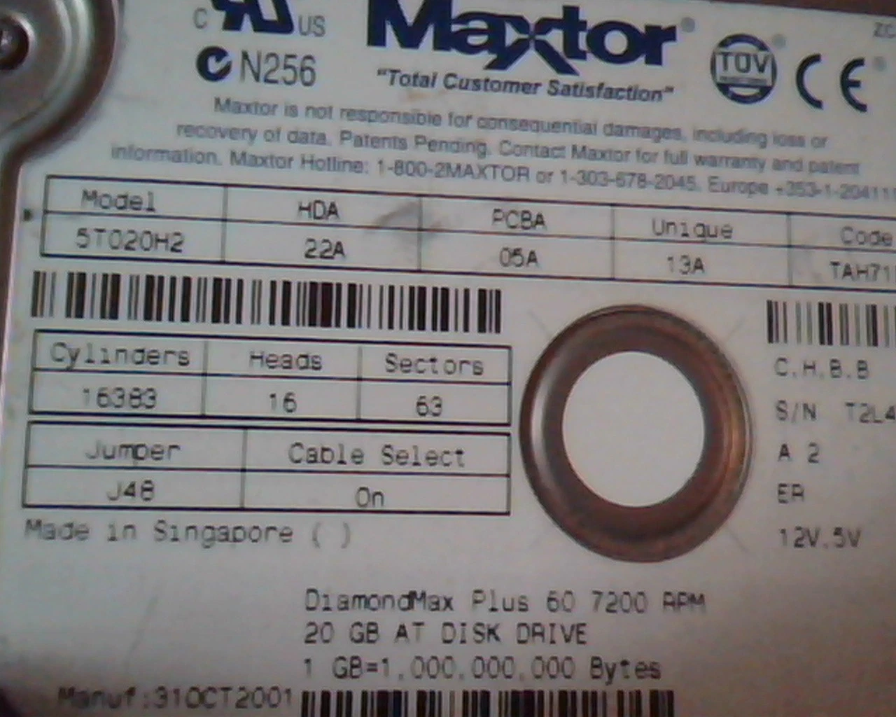 Hard Disk Drive IDE Maxtor 5T020H2 22A 05A 13A DiamondMax Plus 60 20GB