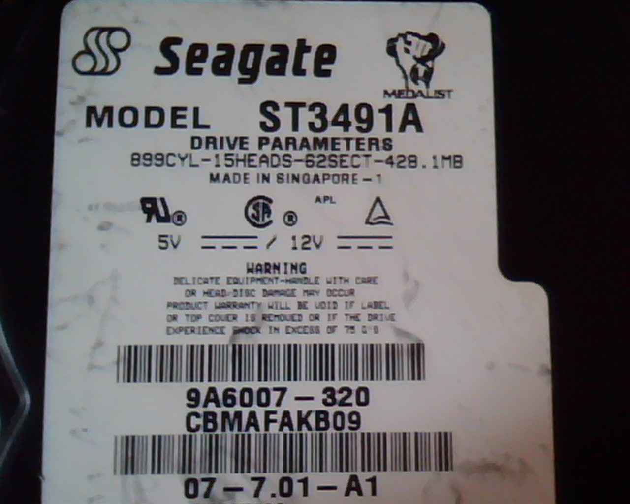 Hard Disk Drive IDE Seagate ST3491A Medalist 9A6007-320 07-7.01-A1