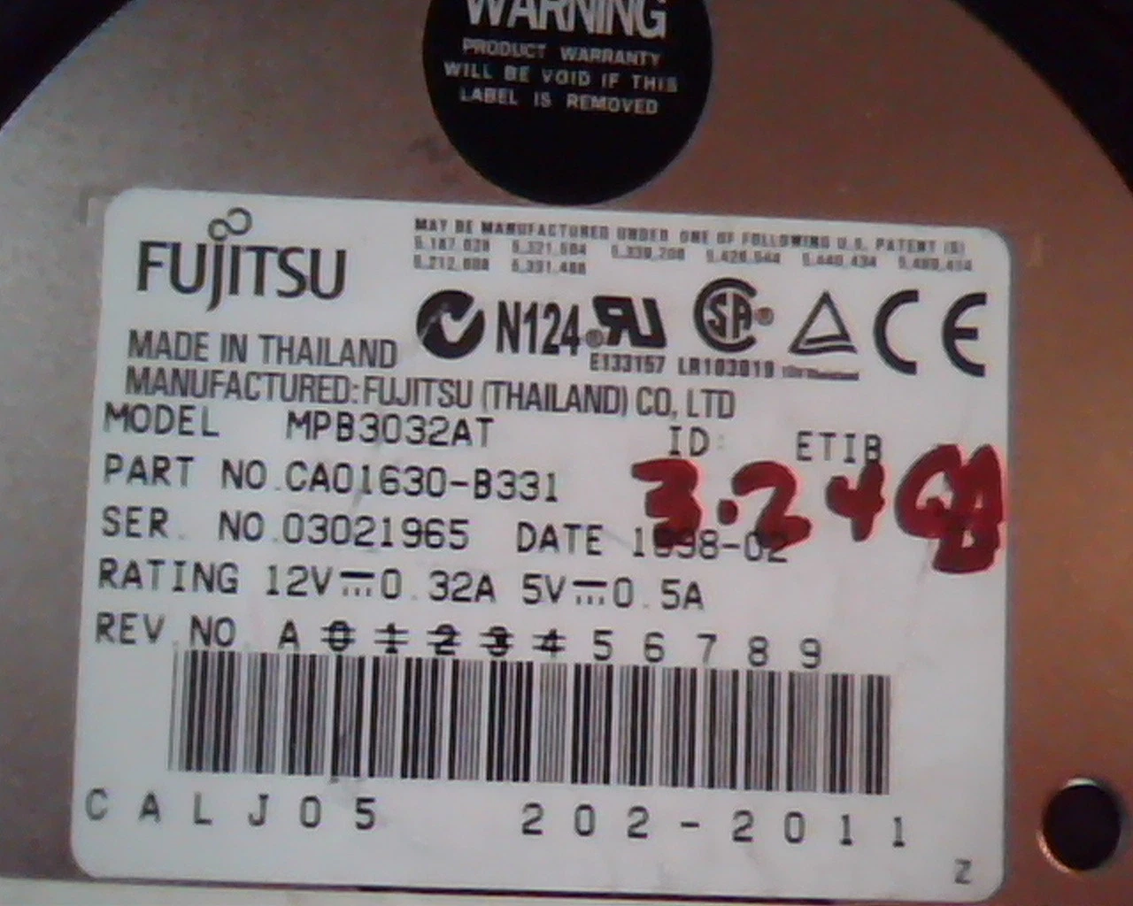 Hard Disk Drive IDE Fujitsu MPB3032AT CA01630-B331 202-2011 ETIB