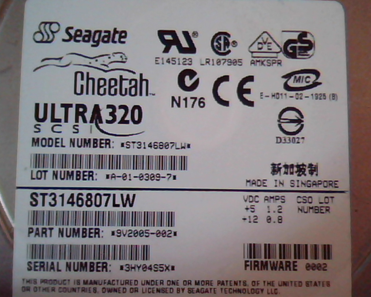 Hard Drive Disk SCSI Seagate Cheetah Ultra320 ST3146807LW 9V2005-002 0002