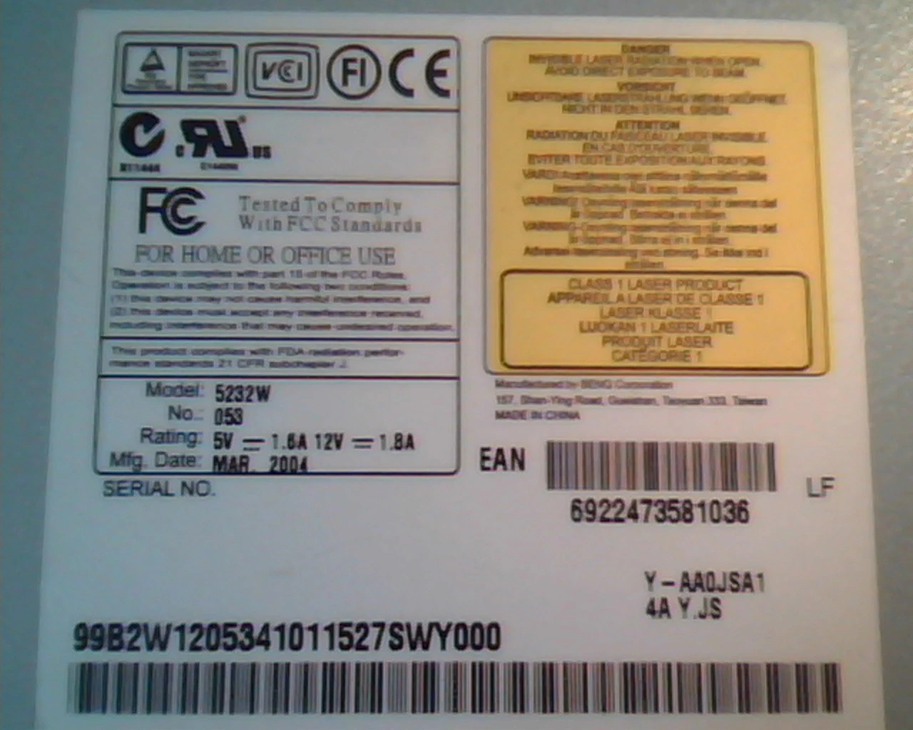 CDRW 5232W 053 BENQ Mar 2004 Y-AA0JSA1 52x32x52 IDE 4A Y.JS CD - image 2