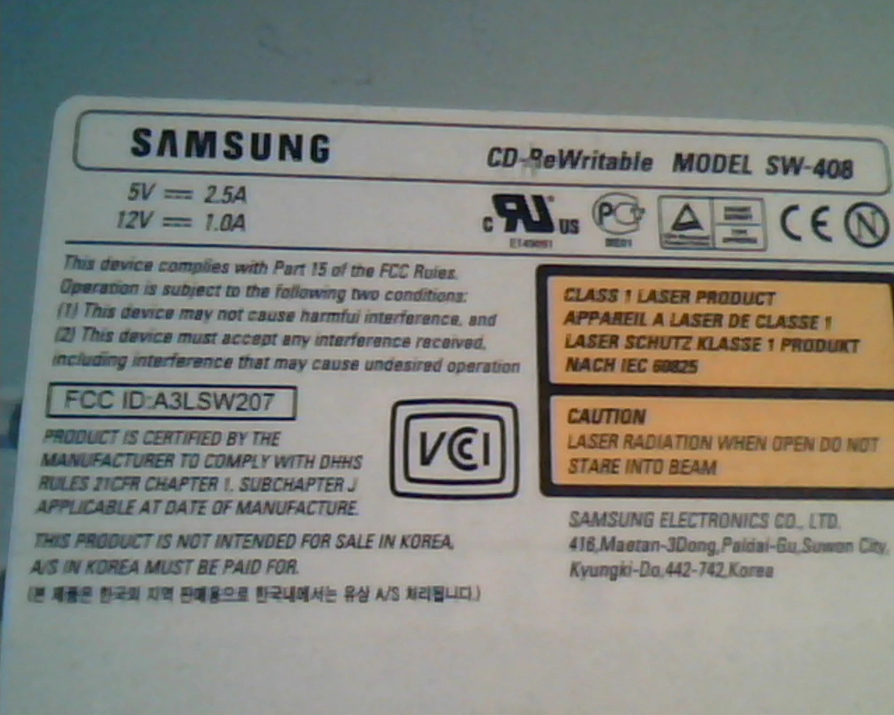 CD-ROM Drive Samsung SW-408 CD Rewritable A3LSW207 408BS02 63INB01945W Nov2000 - image 2