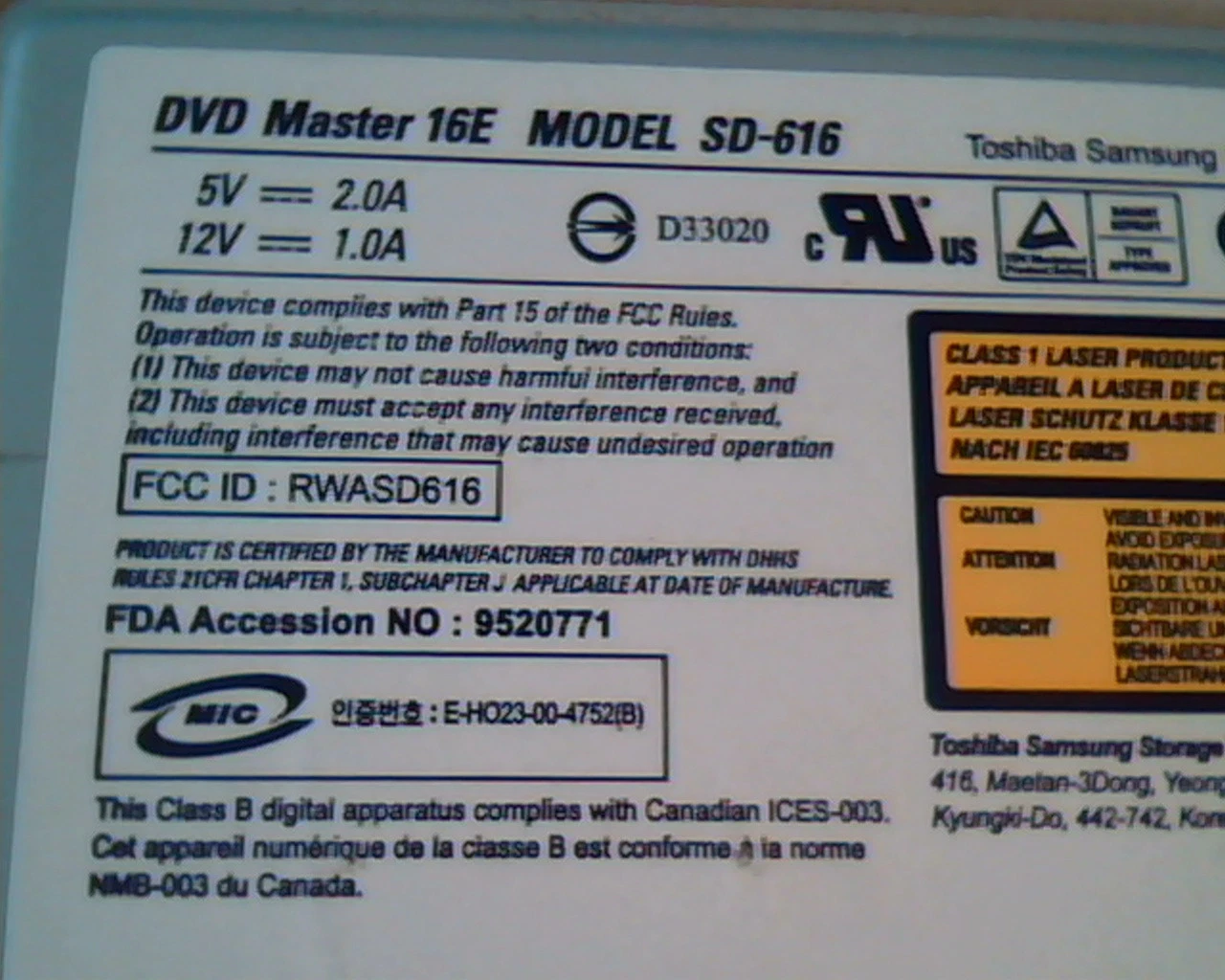DVD Master 16E SD-616 Toshiba Samsung Drive RWASD616 A00 Nov2004 6REXB37626 - image 2