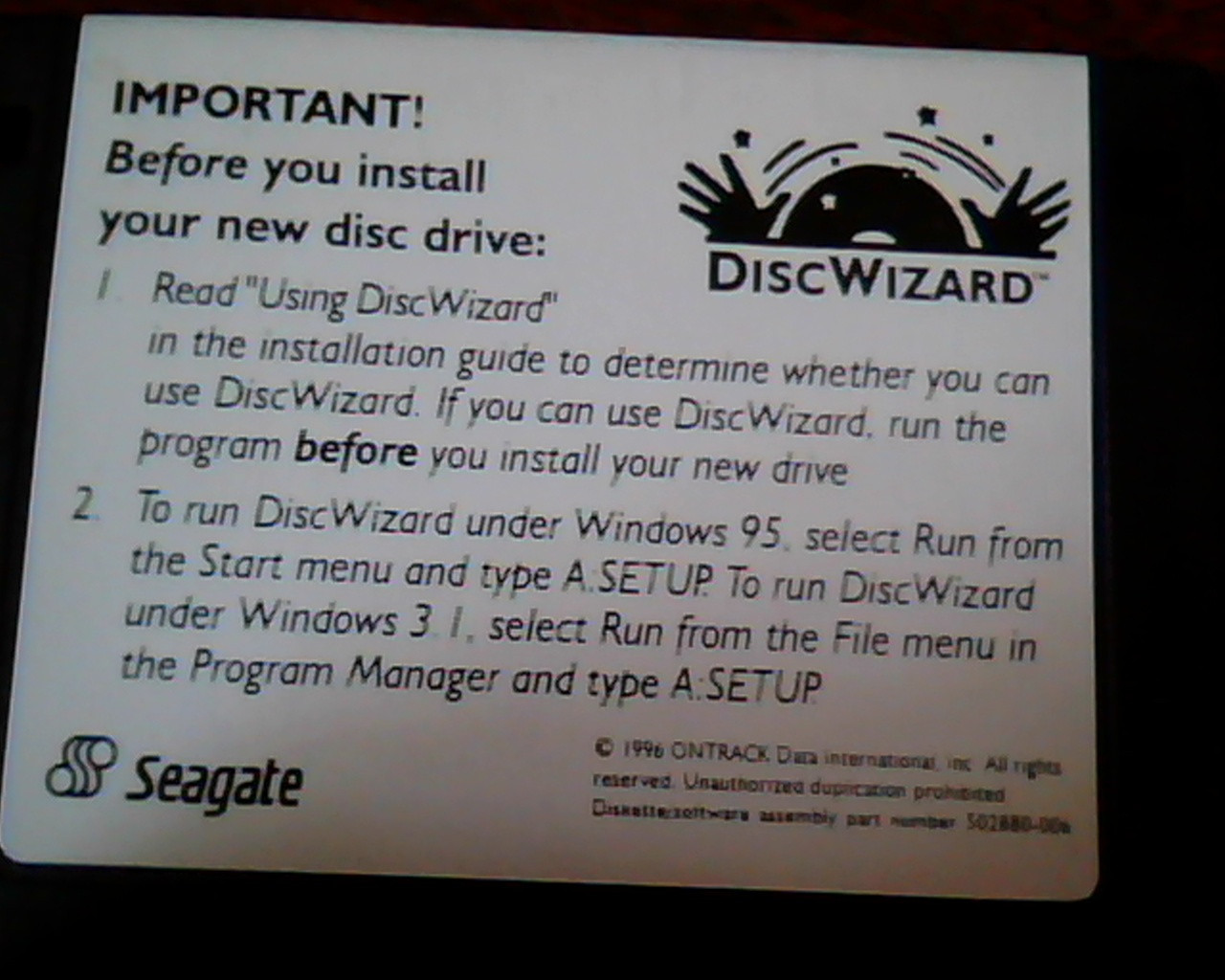 Floppy Disk DiscWizard Seagate Ontrack 1996 502880-006 diskette - image 2