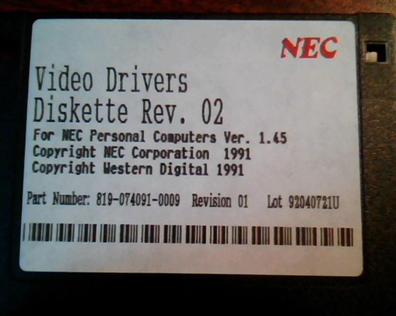 Floppy Diskette NEC Personal Comp. Video Drivers 1.45 819-074091-0009 92040721U - image 2