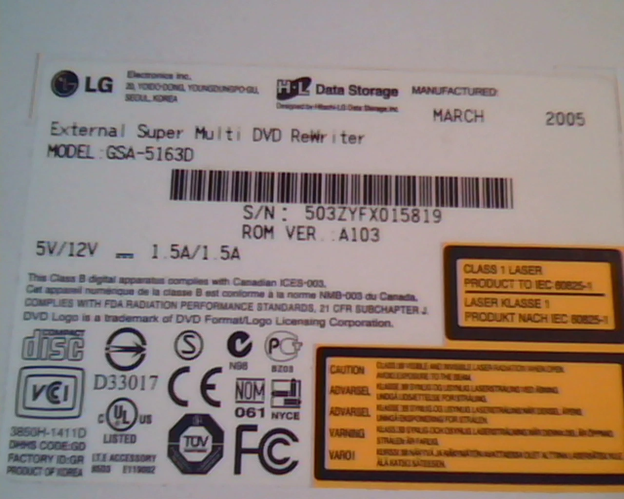 LG External Super Multi DVD ReWriter GSA-5163D A103 March 2005 D33017 - image 2