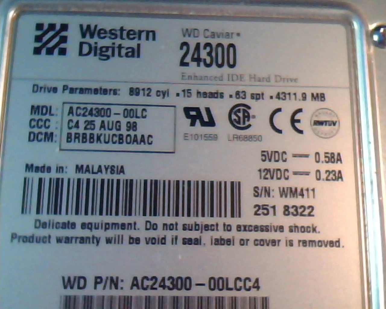 Hard Disk Drive IDE Western Digital Caviar 24300 AC24300-00LC BRBBKUCBOAAC