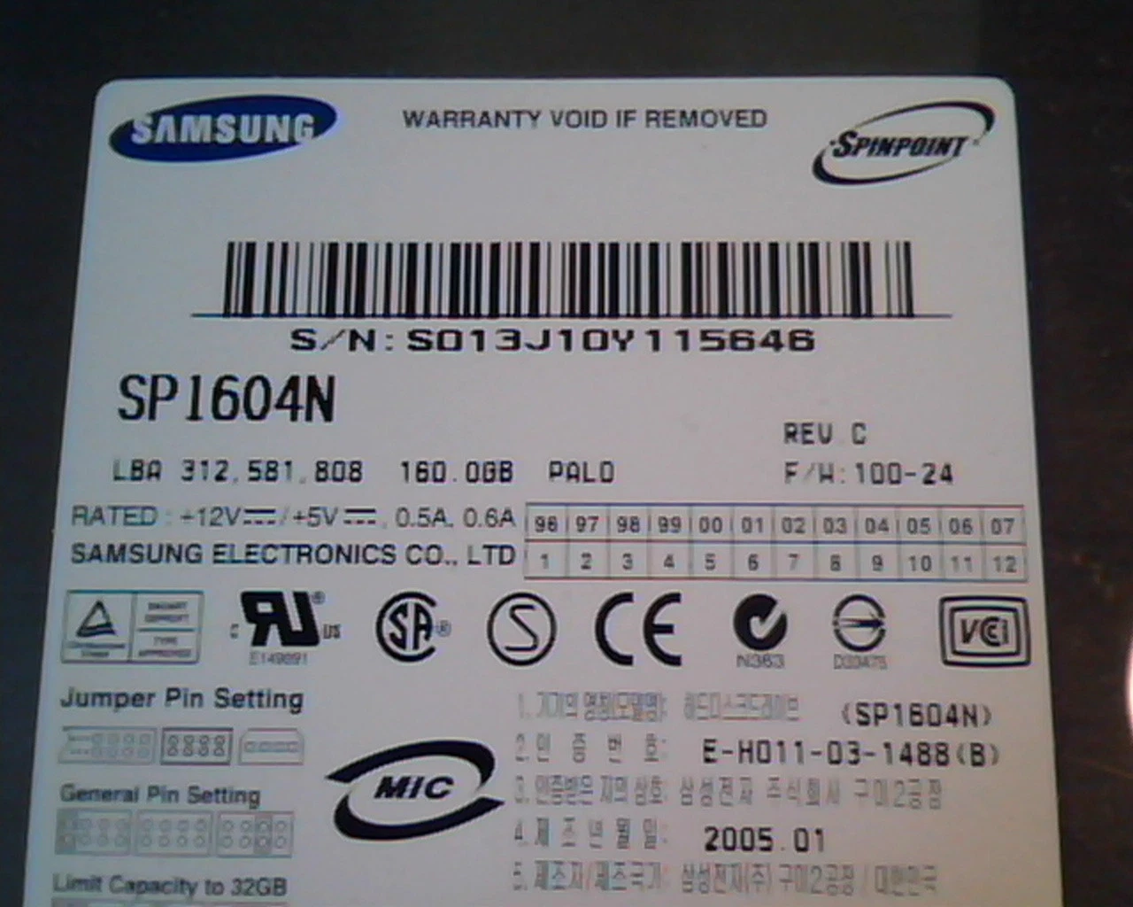 Hard Disk Drive IDE Samsung Spinpoint SP1604N E-H011-03-1488 Rev C