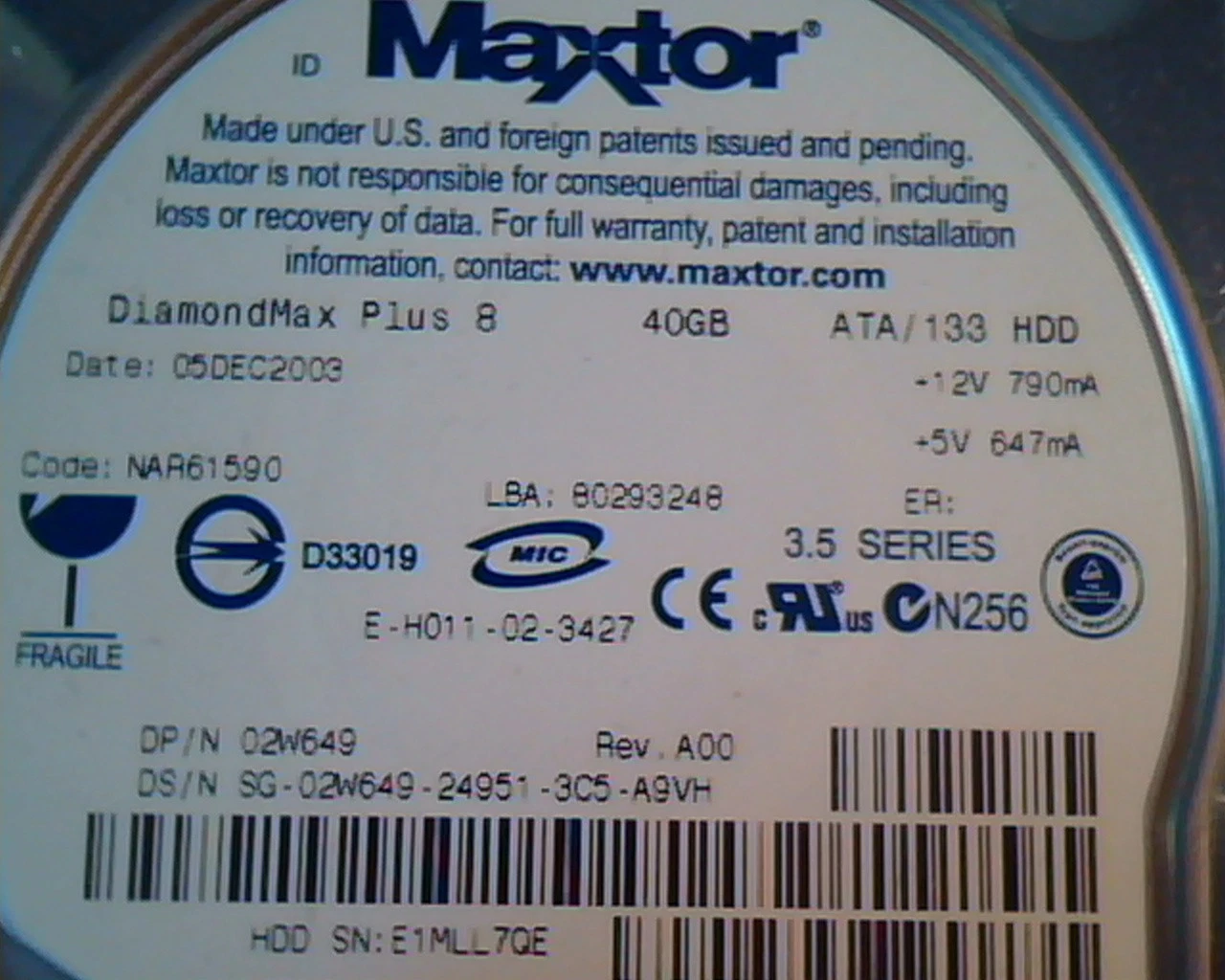 Hard Disk Drive IDE Maxtor DiamondMax Plus 8 40GB 80293248 E-H011-02-3427 A00