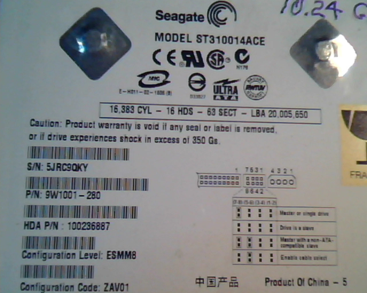 Hard Disk Drive IDE Seagate ST310014ACE 9W1001-280 100236887 3.09 HDD