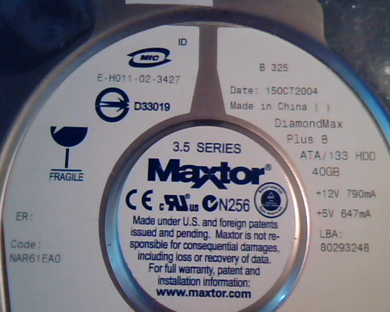 Hard Disk Drive IDE Maxtor DiamondMax Plus 8 40GB 80293248 NAR61EAO E1123H9N