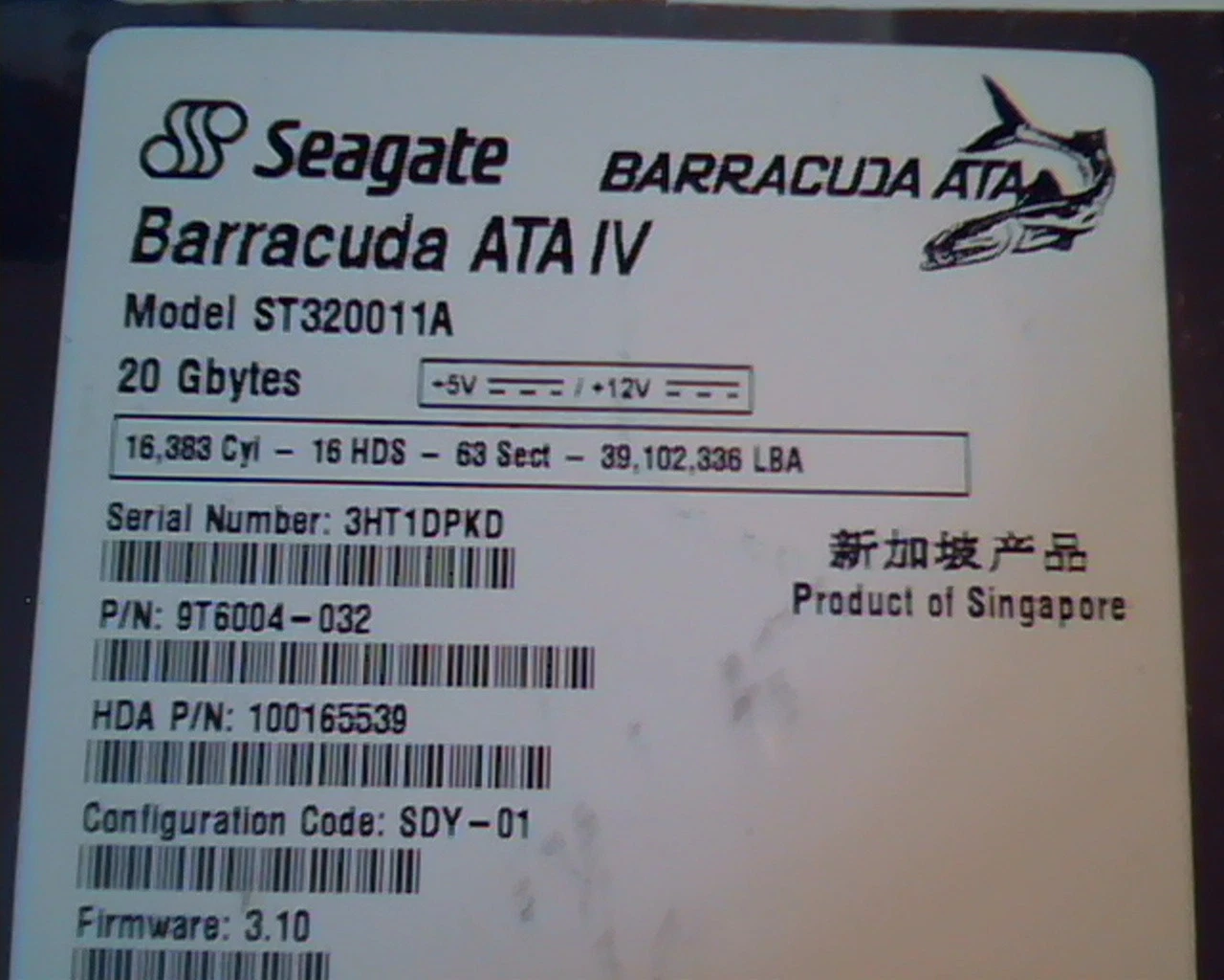 Hard Disk Drive IDE Seagate Barracuda ATA IV ST320011A 9T6004-032 100165539 3.10