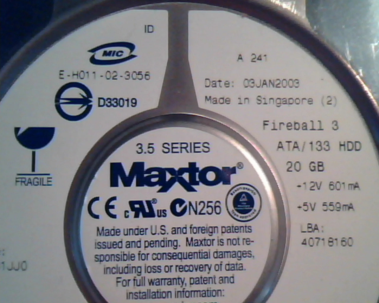Hard Disk Drive IDE Maxtor Fireball 3 294923-001 E-H011-02-3056 20GB 40718160