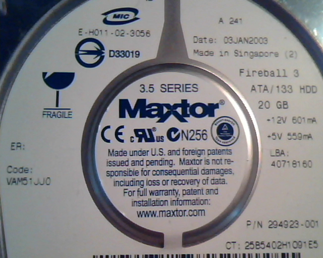 Hard Disk Drive IDE Maxtor Fireball 3 294923-001 E-H011-02-3056 20GB 40718160 - image 2