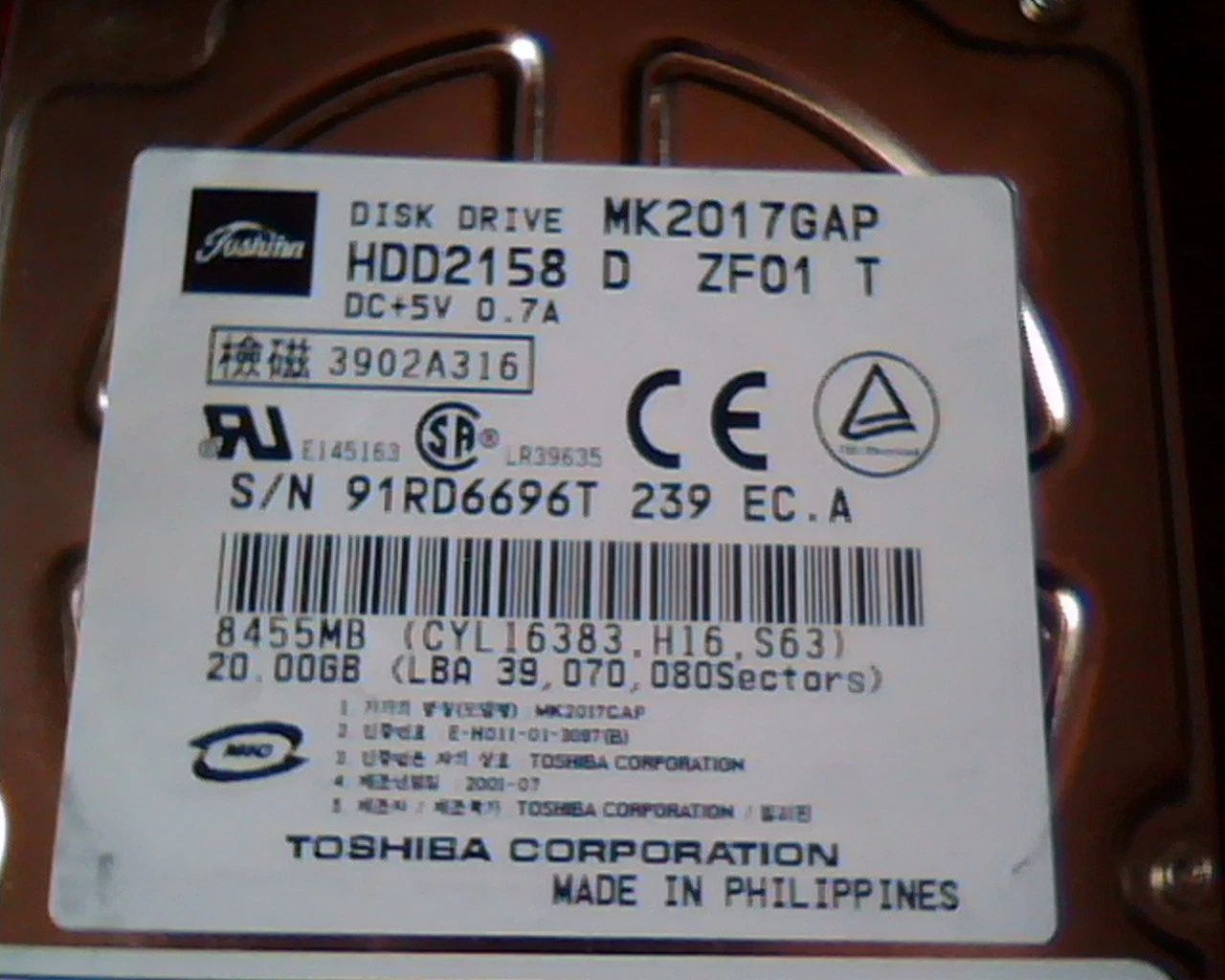 2.5 Hard Disk Drive Toshiba HDD2158 MK2017GAP D ZF01 20GB - image 2