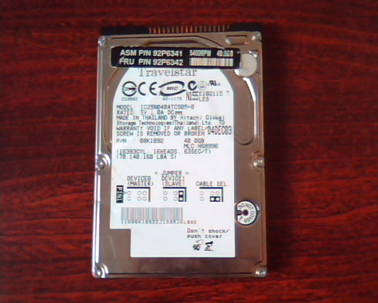 2.5 Hard Disk Drive TravelStar IC25N040ATCS05-0 08K1092 40GB H68996 92P6341