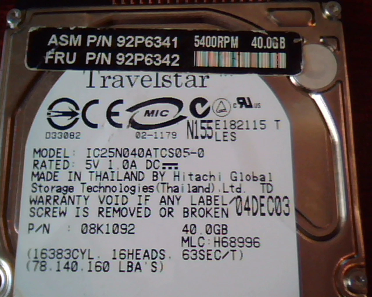 2.5 Hard Disk Drive TravelStar IC25N040ATCS05-0 08K1092 40GB H68996 92P6341 - image 2