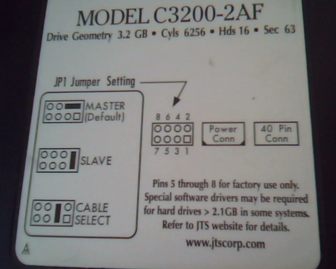 Hard Disk Drive IDE JTS Champion Family C3200-2AF 3.2GB 61273-604 Rev B1 - image 2