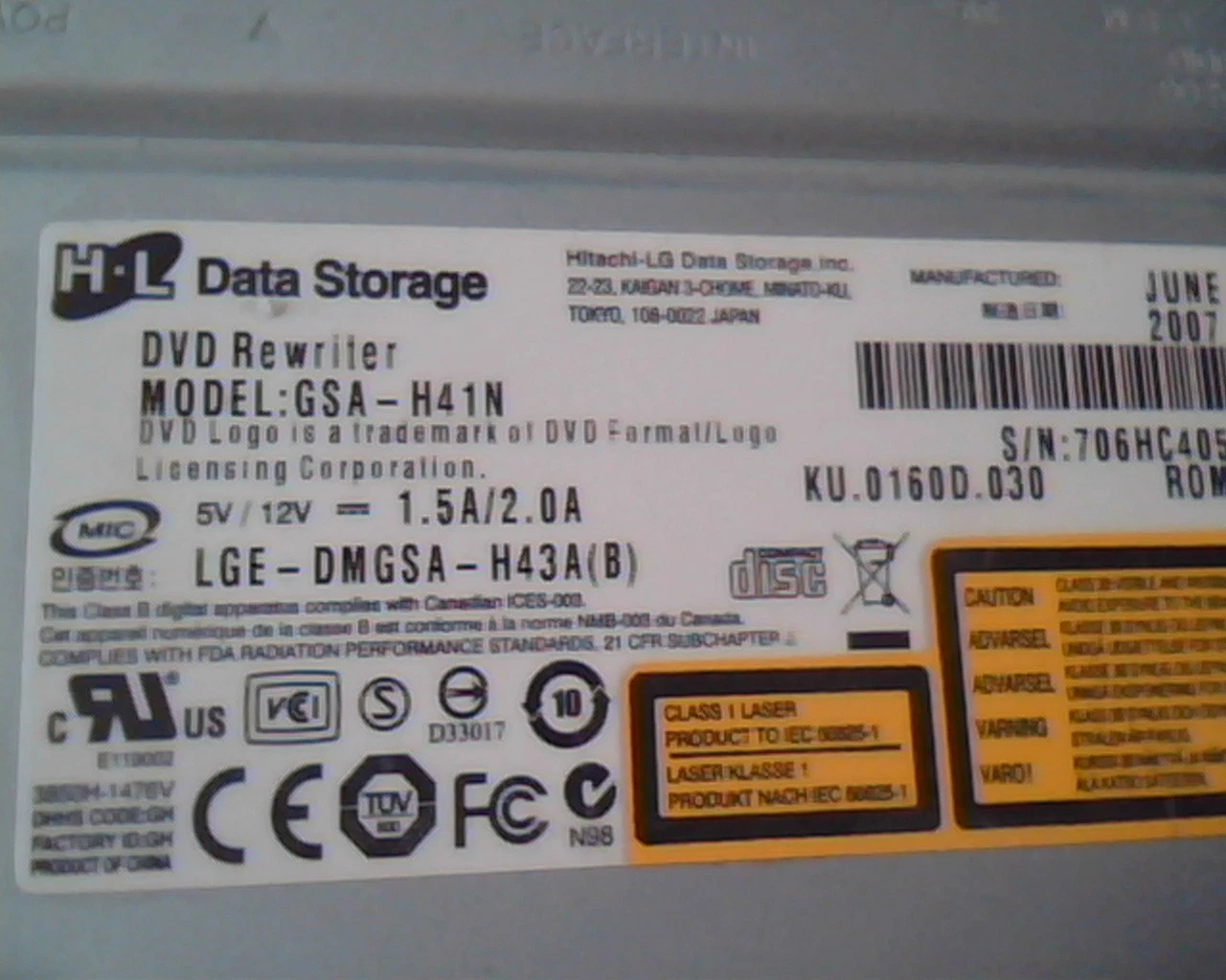 Hitachi-LG DVD Rewriter GSA-H41N June2007 RA00 LGE-DMGSA-H43A UltraSpeed - image 3
