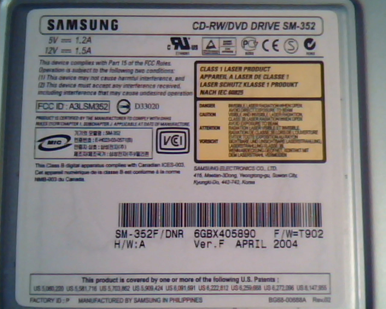 Samsung CD-RW DVD Drive SM-352 April2004 Ver F SM-352F/DNR A00 A3LSM352 - image 2