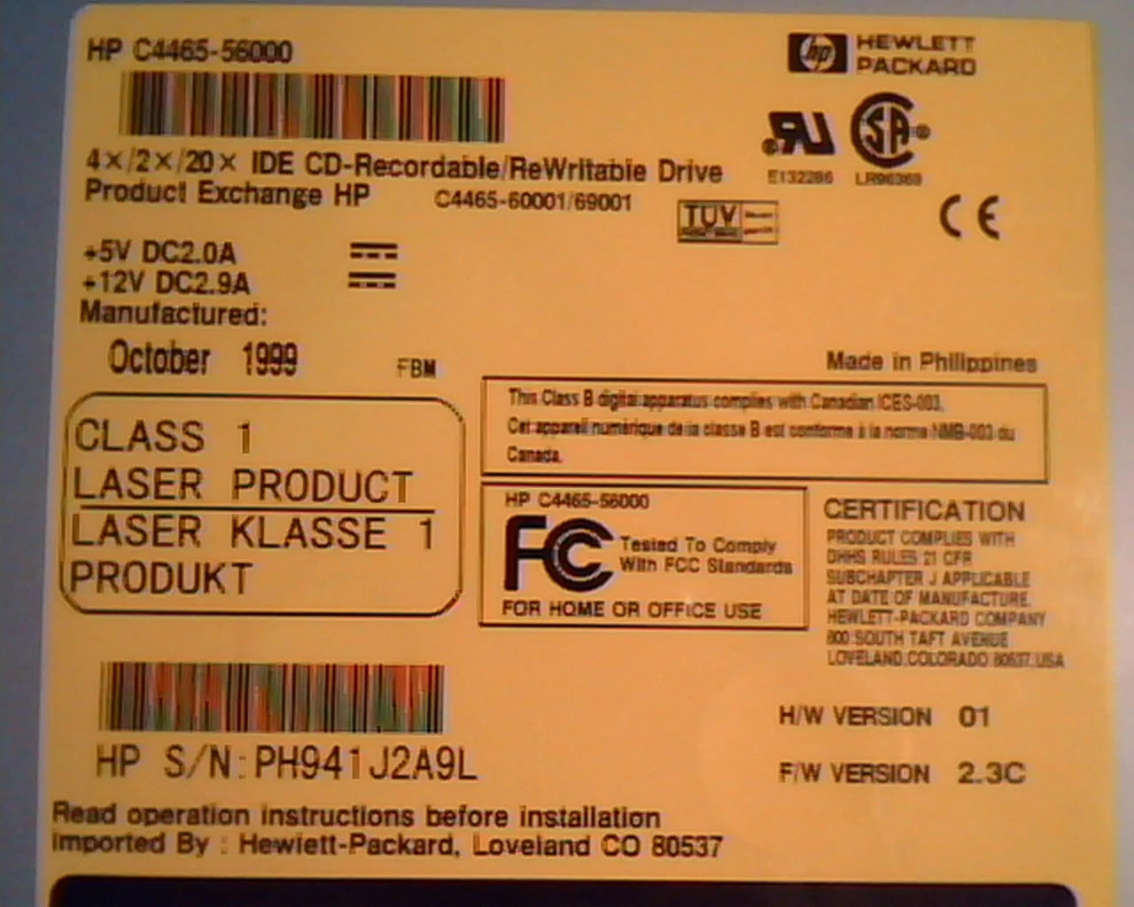 Hewlett Packard IDE CD-Recordable Drive C4465-56000 01 2.3C October1999 - image 2