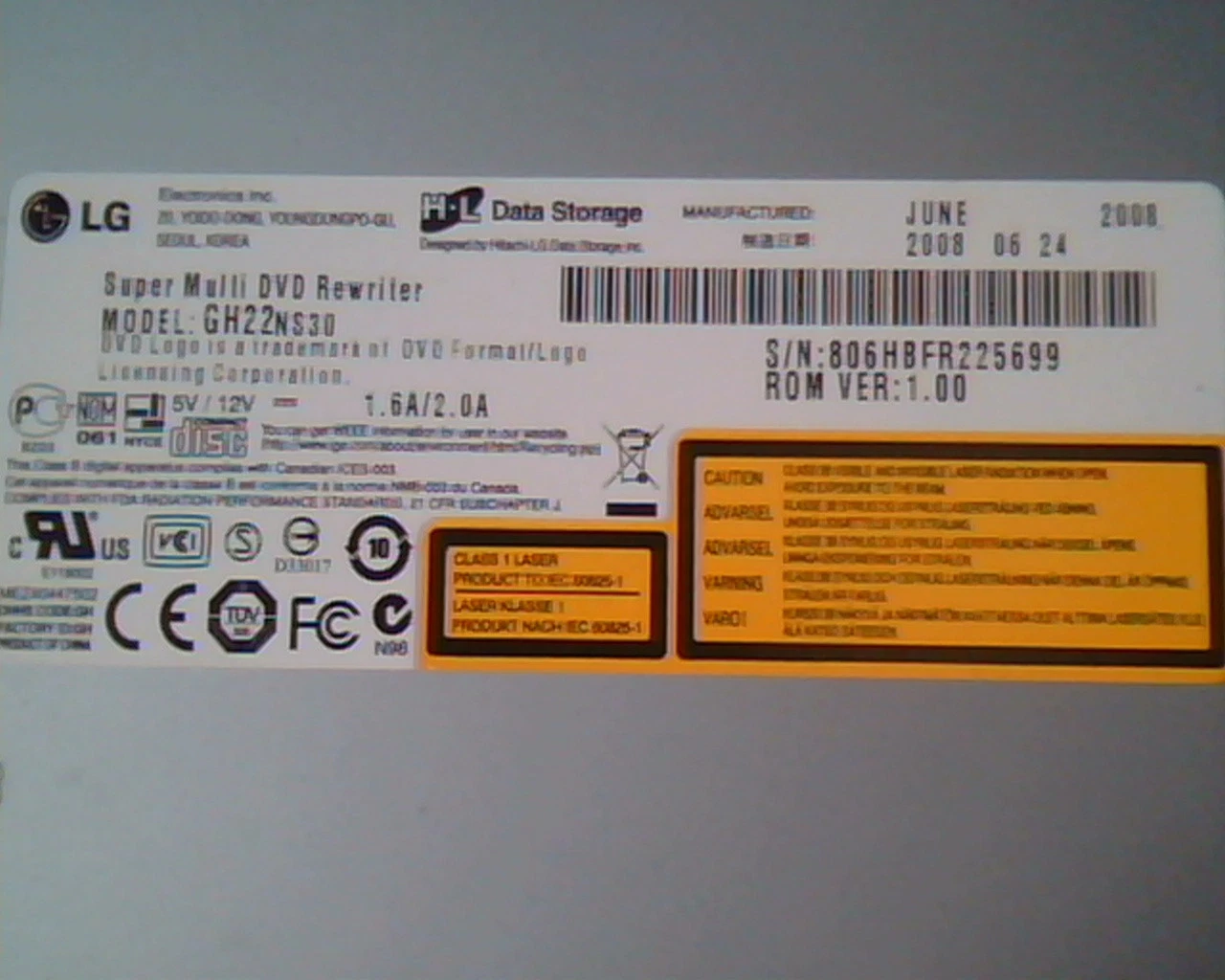 LG Super Multi DVD Rewriter GH22NS30 Ver 1.00 June 2008 GH22 SecurDisc SATA - image 2