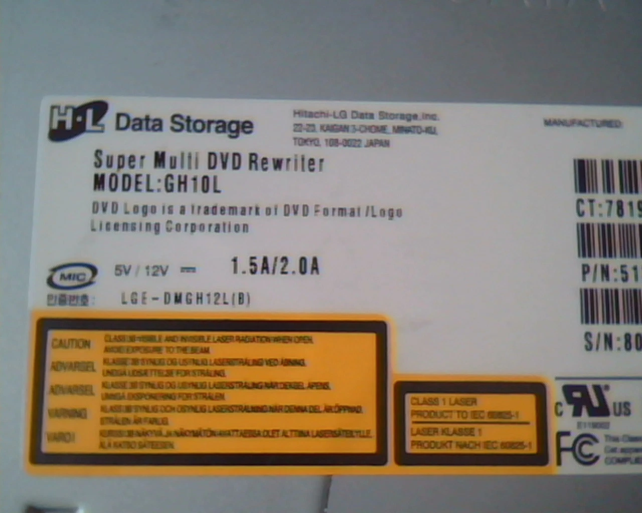 HL Super Multi DVD Rewriter GH10L January 2008 5188-7537 lightscribe SATA Drive - image 2