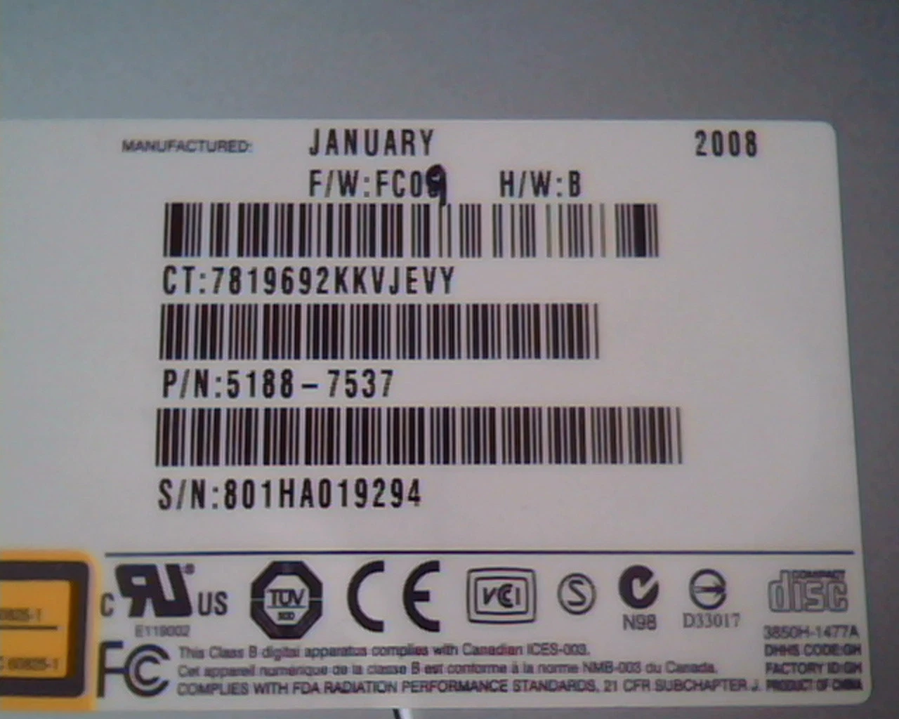 HL Super Multi DVD Rewriter GH10L January 2008 5188-7537 lightscribe SATA Drive - image 3