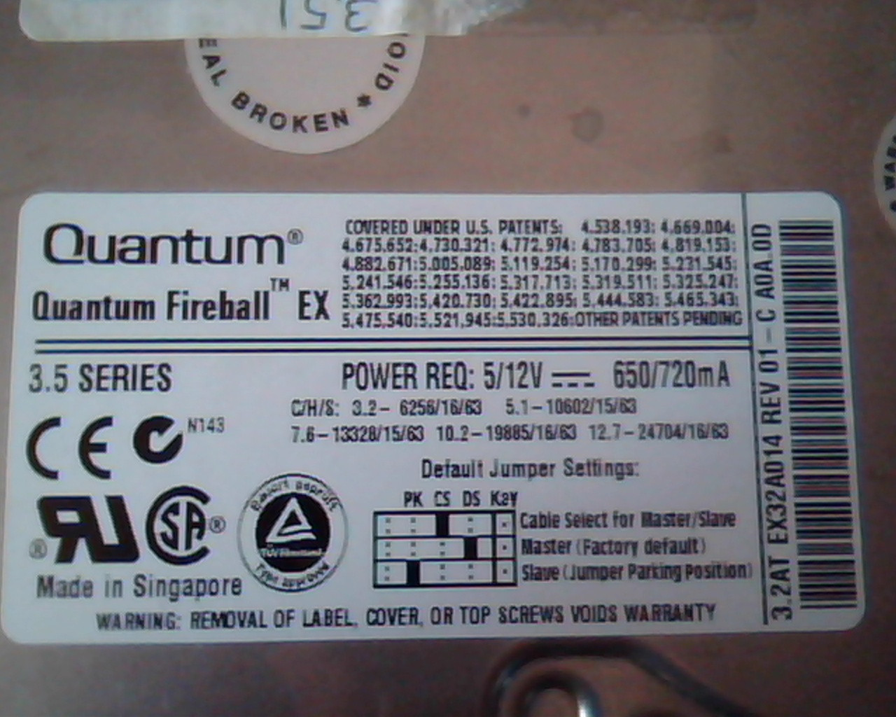 Hard Drive Disk IDE Quantum Fireball EX EX32A014 3.2AT 01-C A0A.0D 3.5 Series - image 2