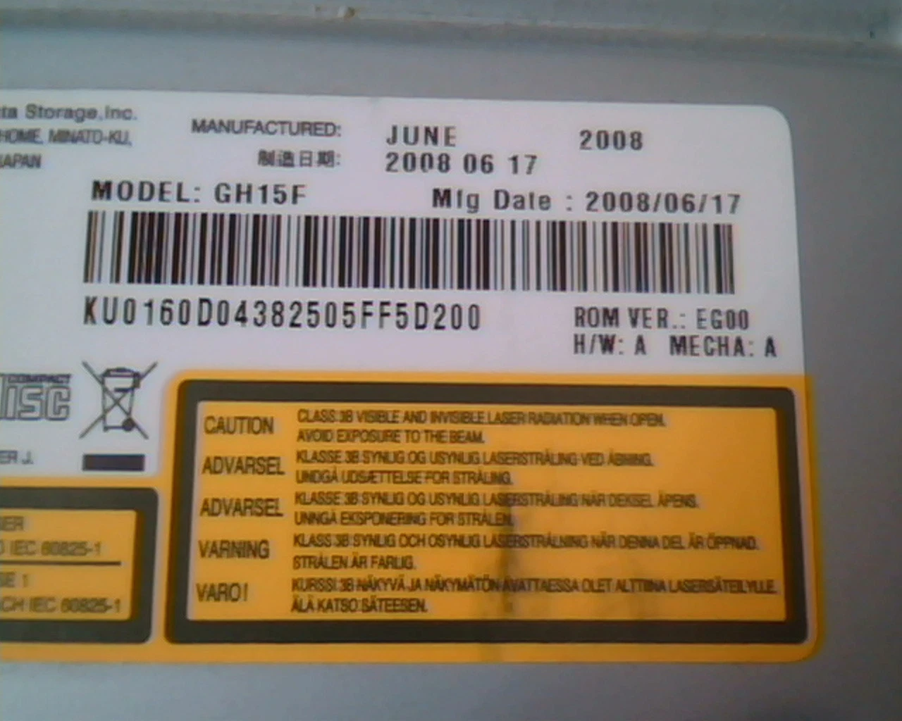 HL Super Multi DVD Rewriter GH15F June 2008 EG00 Labelflash recorder RW drive - image 3