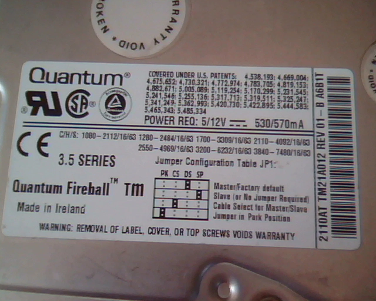 Hard Drive Disk IDE Quantum Fireball TM TM21A012 01-B A6B1T 2110AT TM25A012 - image 2