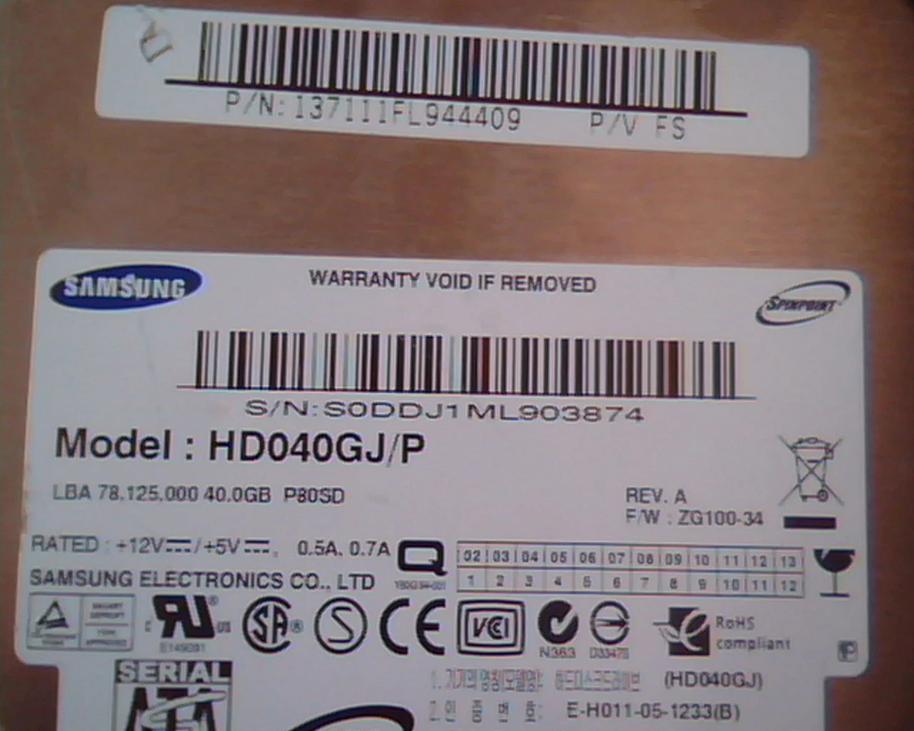 Hard Drive Disk SATA Samsung HD040GJ/P Rev A Spinpoint 40GB ZG100-34 P80SD - image 2