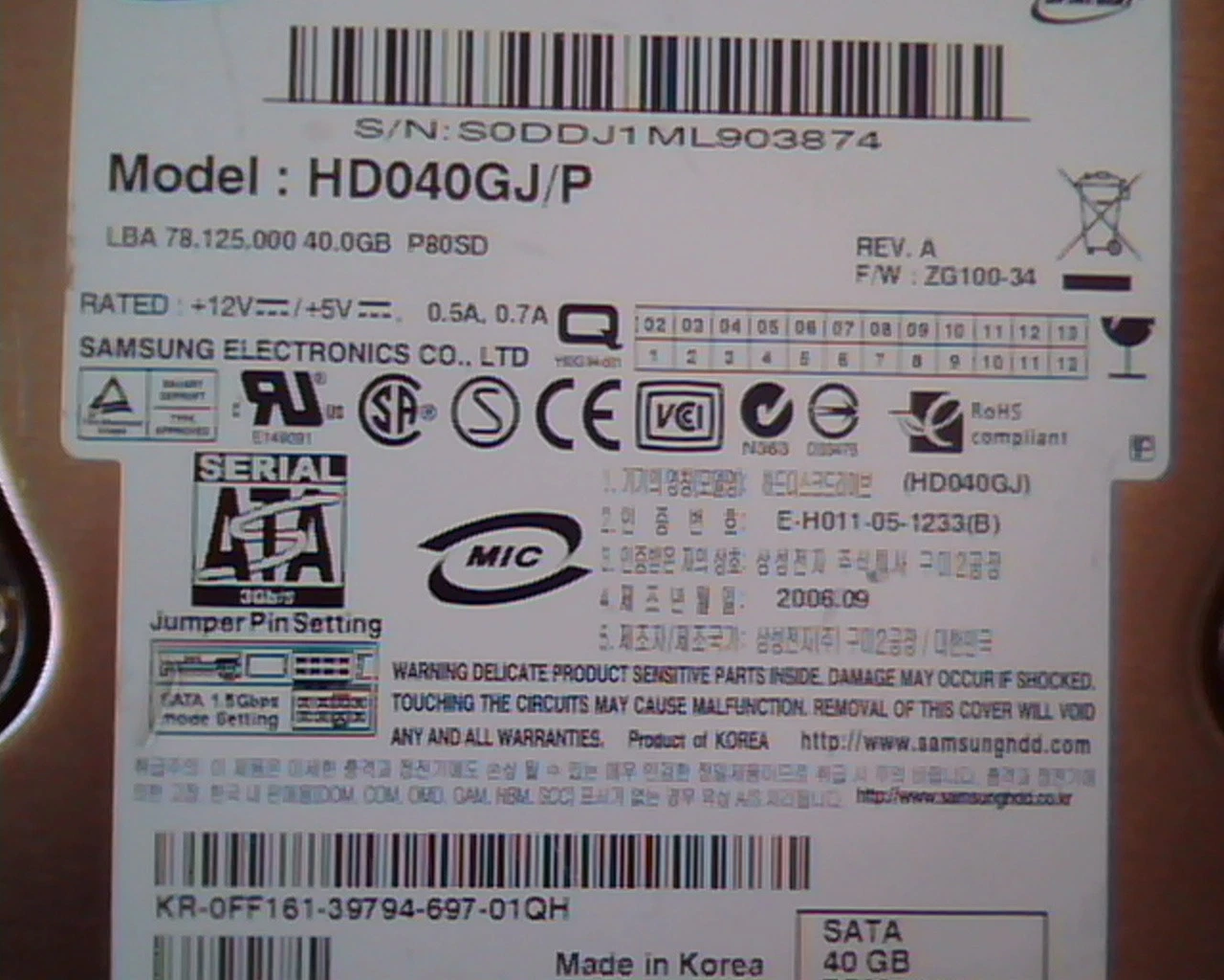 Hard Drive Disk SATA Samsung HD040GJ/P Rev A Spinpoint 40GB ZG100-34 P80SD - image 3