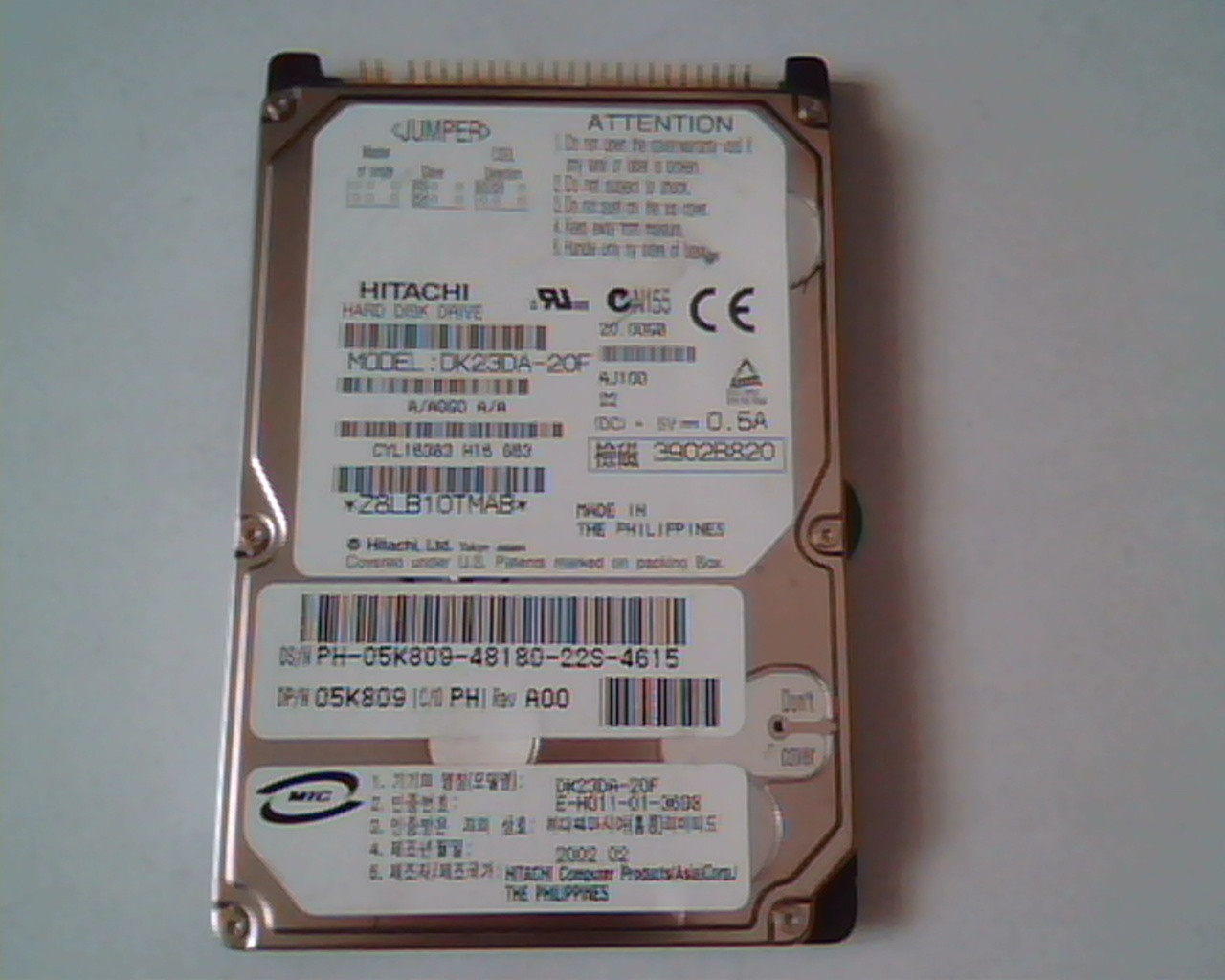 2.5 Hard Disk Drive Hitachi DK23DA-20F 20GB A00 05K809 AJ100 E-H011-01-3698