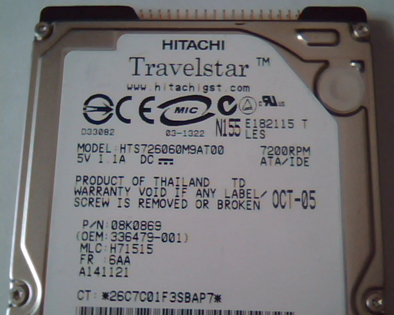 2.5 Hard Disk Drive Hitachi Travelstar HTS726060M9AT00 IDE 08K0869 H71515 OCT-05 - image 2