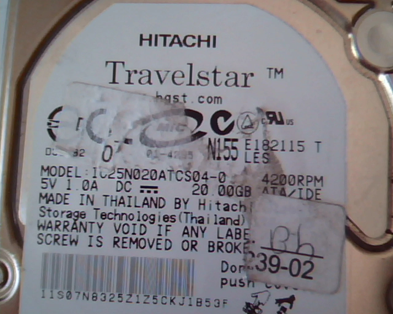 2.5 Hard Disk Drive Hitachi Travelstar IC25N020ATCS04-0 20GB IDE E182115 T - image 2