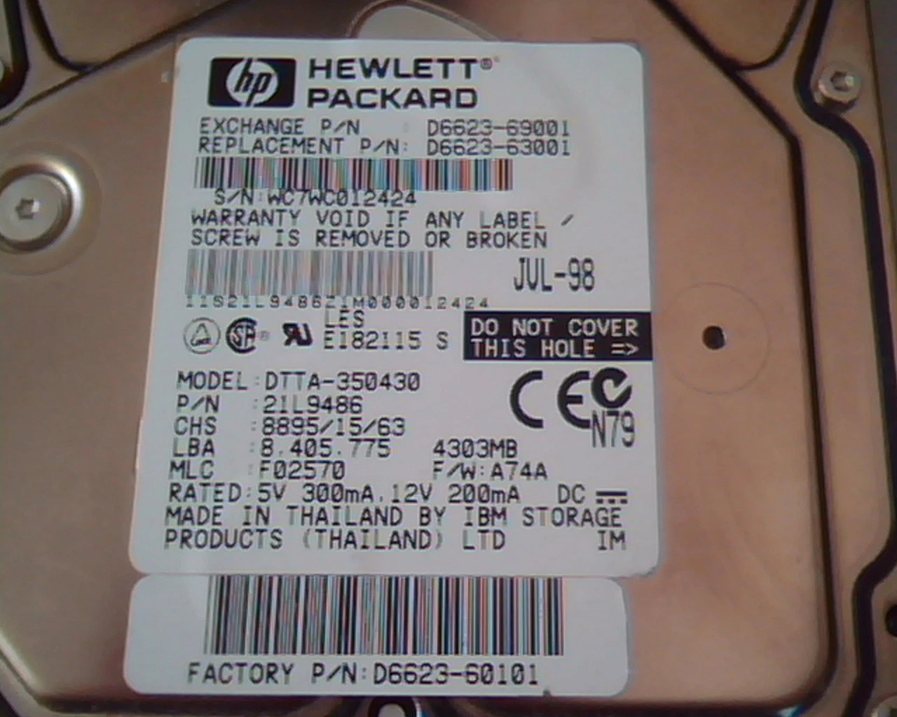 Hard Drive Disk IDE IBM HP DTTA-350430 21L9486 F02570 4303MB JUL-98 D6623-69001 - image 2